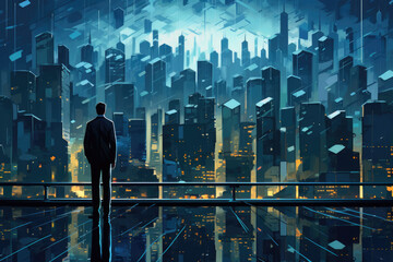 Man standing in front of vibrant cityscape at night. Energy and excitement of urban life. Perfect for illustrating concepts such as exploration, adventure, and fast-paced nature of city living.