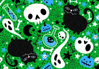 Halloween cats and pumpkins seamless ghost and bones pattern for wrapping paper and fabrics and kids