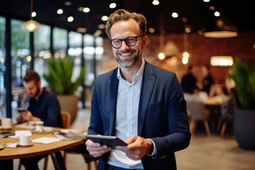 Man is seen standing in restaurant while holding tablet. This image can be used to showcase technology in hospitality industry or to illustrate use of digital devices in dining setting.