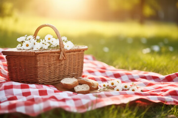 Picnic basket filled with assortment of bread and vibrant flowers. Perfect for outdoor gatherings and romantic picnics in park.