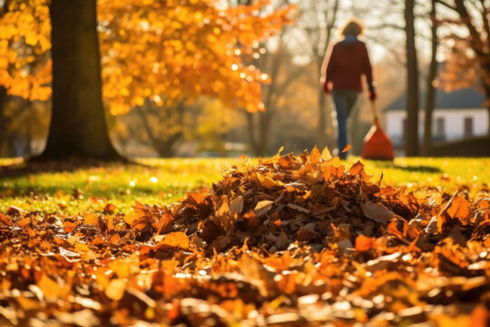 Person is walking through pile of leaves. This image can be used to depict autumn, outdoor activities, or beauty of nature.