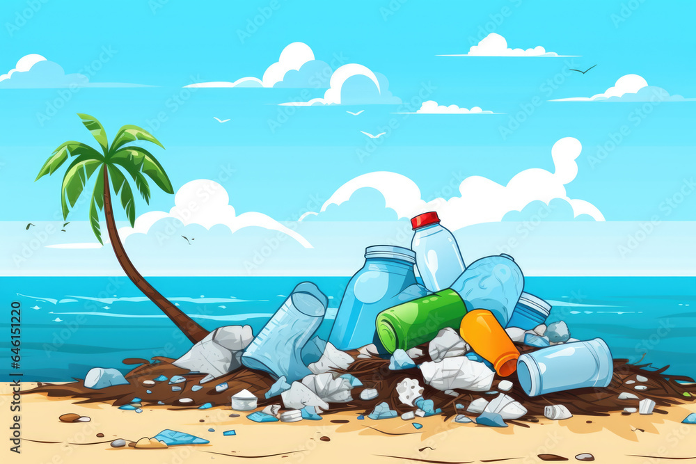 Poster pile of garbage on beach with palm tree. this image can be used to depict environmental pollution an