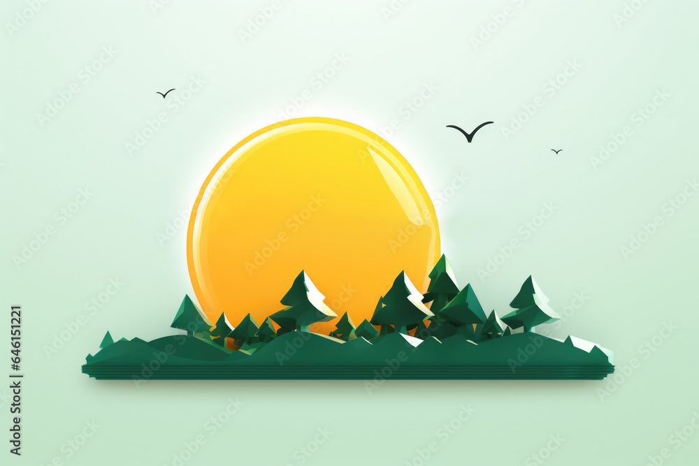 Poster sun is setting over trees in beautiful field. this image captures serene and peaceful atmosphere of 