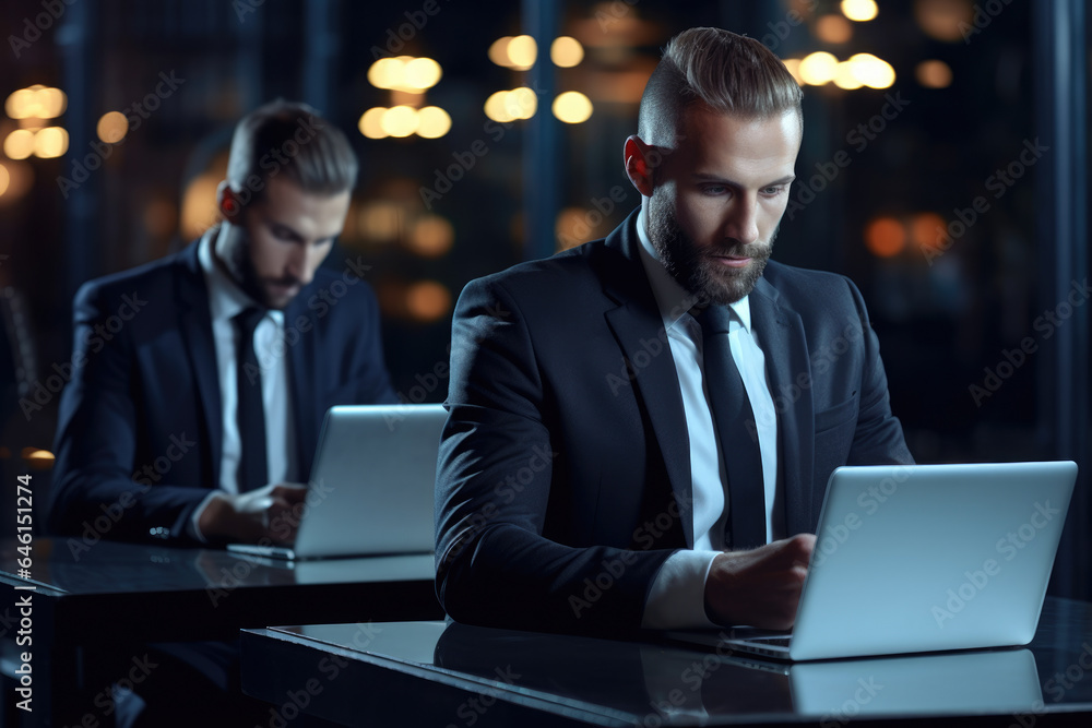 Aufkleber man in suit sitting at table using laptop. this image can be used to depict professional working in 