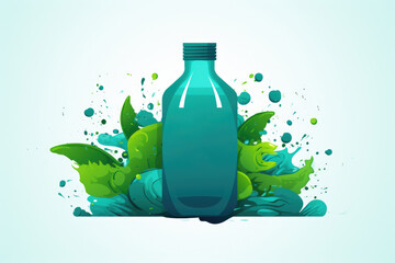 Refreshing bottle of water surrounded by vibrant green leaves and glistening water droplets. Perfect for promoting hydration and nature-related themes.