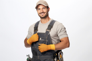 Fototapeta na wymiar Picture of man wearing overalls and hat, with big smile on his face. This image can be used to portray happiness, positivity, or cheerful working environment.