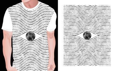 t-shirt print design, vector illustration of eye t-shirt design. print design painting for t-shirt apparel clothing print. white black grey red yellow green blue color nice effect eye print design. 