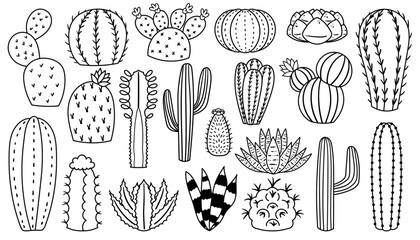 Linear Cacti Icons, Isolated Monochrome Minimalist Representations Of Cactus Plants In A Sleek, Line Art Style