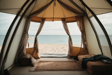 Fototapeta na wymiar Photography from inside a tent, camp, beach landscape