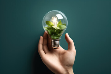 Person is holding light bulb with plant inside. This image can be used to represent creativity, innovation, and sustainable solutions.