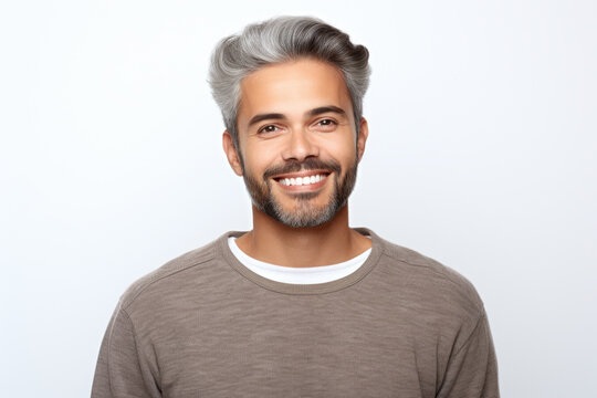 Picture of man with grey hair and beard smiling. This image can be used to portray happiness, confidence, and wisdom.
