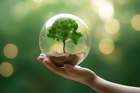 Person is holding glass ball with small tree inside. This unique and enchanting image can be used to symbolize growth, imagination, or even concept of small world within larger one.