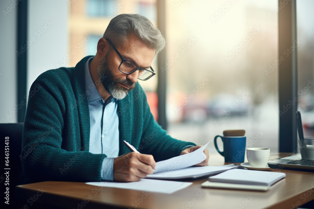 Poster man is depicted sitting at table, focused on writing with pen and paper. this image can be used to i