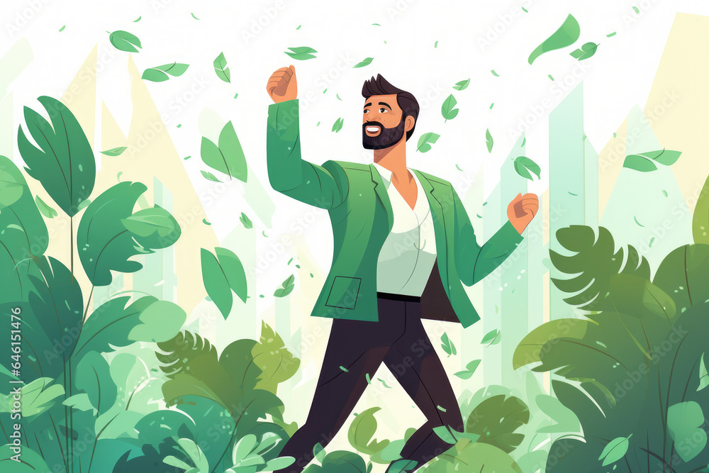 Poster man in green jacket is walking through jungle. this image can be used to depict exploration, adventu