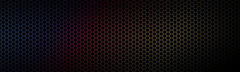 Modern high resolution cmyk geometric header with polygonal grid. Abstract colorful metallic hexagonal pattern. Simple vector banner