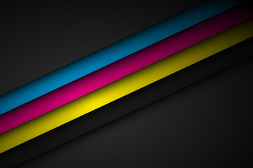 Abstact vector background with lines in cmyk colors. Triangle overlap layers on black background with free space for your design
