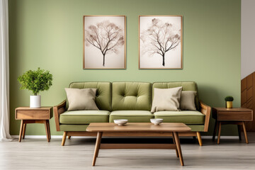 Fototapeta na wymiar Cozy living room with vibrant green walls and matching green couch. This image can be used to showcase modern interior design or as background for home decor blogs or websites.