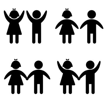 Two kids icon set, black silhouette on white. Boy and girl couple hold hands and hold their hands up, stencil style. Vector shape for friendship or baby care illustration, World children's day design