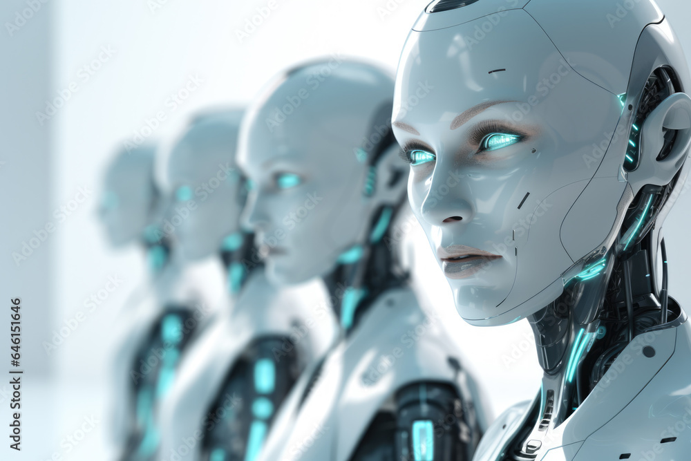 Poster group of robots standing next to each other. this image can be used to depict teamwork, technology, 