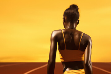 Woman standing on track with her back to camera. This image can be used to depict determination, independence, or solitude in various projects.