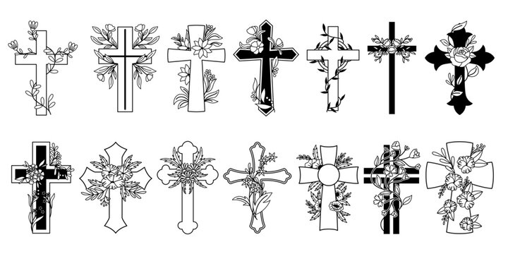 Captivating Set Of Black and White Christian Crosses Adorned With Intricate Floral Designs, Vector Set