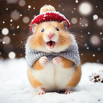 Sweet little hamster wearing Santa hat