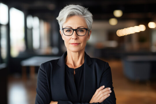 Professional woman confidently stands with her arms crossed. This image can be used to portray confidence, assertiveness, and professionalism in various contexts.