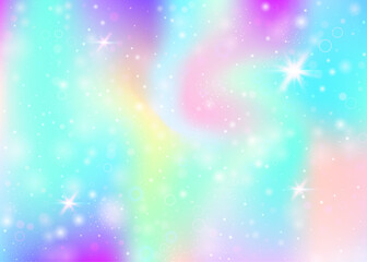 Naklejka na ściany i meble Magic background with rainbow mesh. Girlie universe banner in princess colors. Fantasy gradient backdrop with hologram. Holographic magic background with fairy sparkles, stars and blurs.