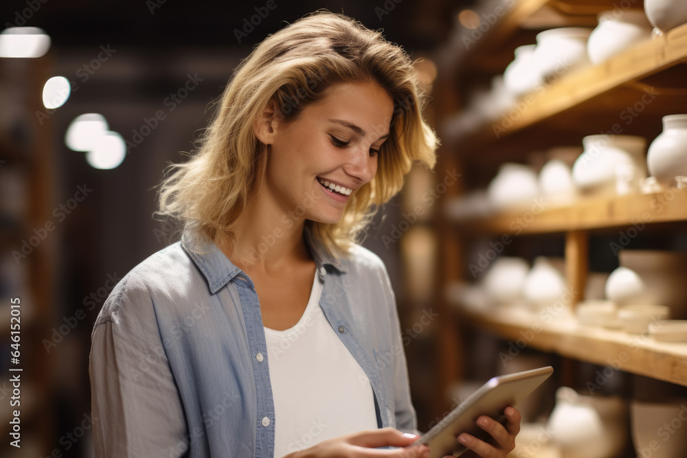 Poster woman is seen looking at tablet device while inside pottery shop. this image can be used to showcase