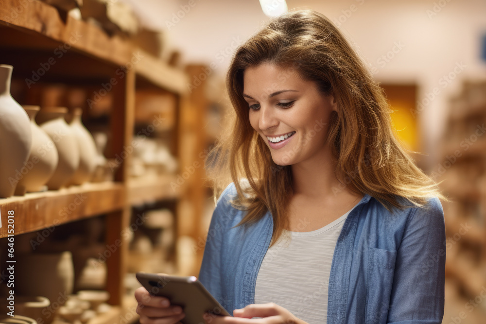 Poster woman is seen looking at tablet device while browsing pottery store. this image can be used to illus