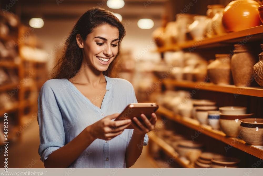 Poster woman is seen looking at cell phone while browsing through pottery store. this image can be used to 