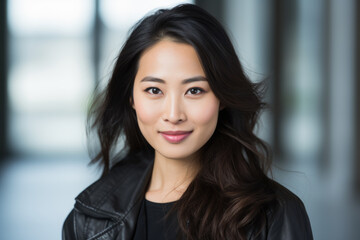 Woman wearing black jacket strikes pose for photograph. This image can be used for various purposes, such as fashion magazines, photography blogs, or social media profiles.