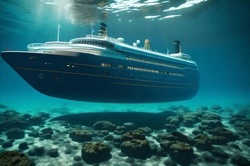 Sunken large ocean liner on ocean floor