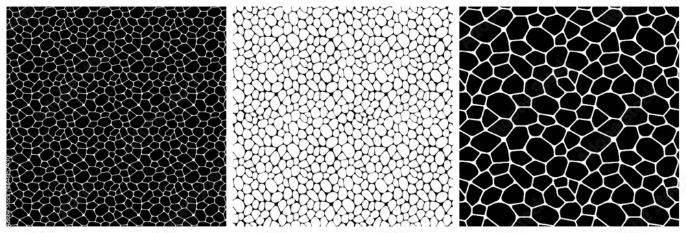 Poster black and white cell seamless patterns vector set. irregular geometric shapes repeated backdrop. lin