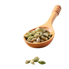 Close up of wooden spoons with green cardamom on a transparent background