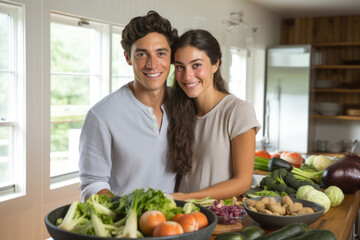 Man and woman are seen standing in front of counter filled with wide variety of fresh vegetables. Grocery store, healthy eating, shopping for produce, or farmer's market.