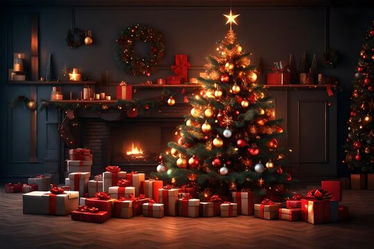 interior christmas. magic glowing tree, fireplace, gifts in dark