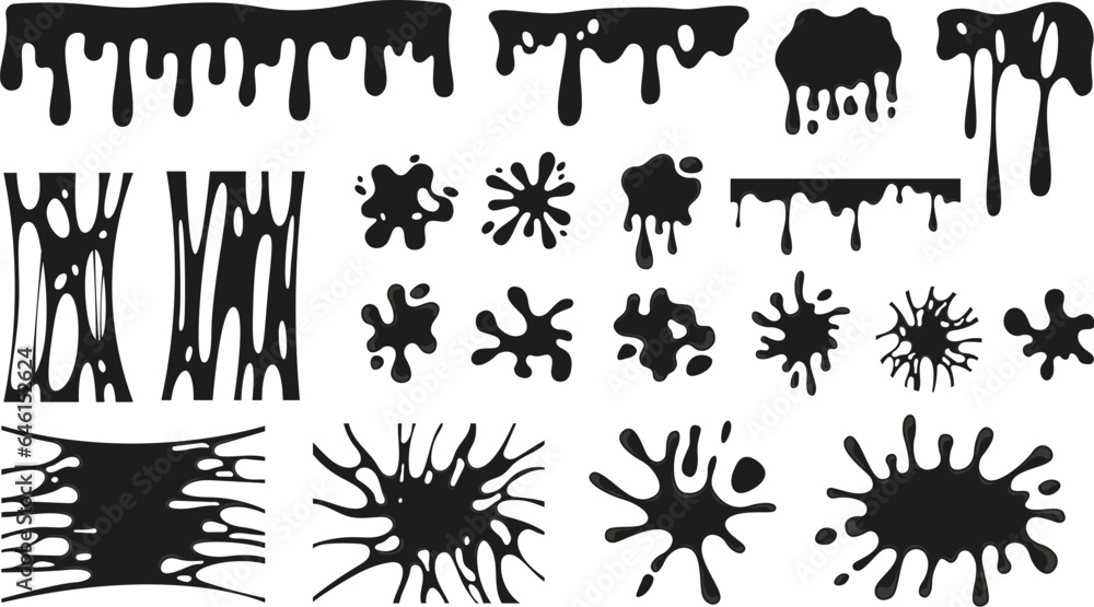 Aufkleber splashes, blobs and slime puddles. liquid elements, ink blob and drips. dripping elements, black oil