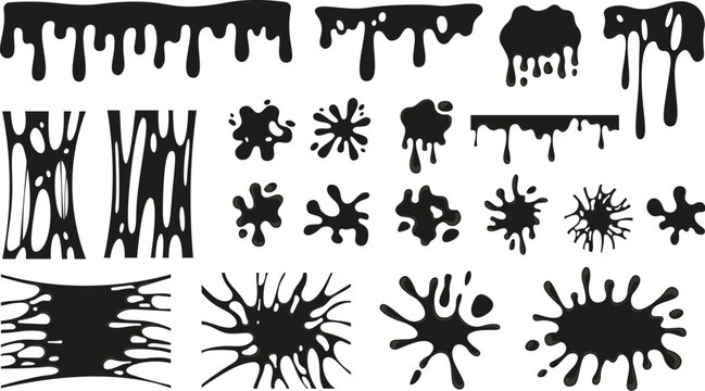 Splashes, blobs and slime puddles. Liquid elements, ink blob and drips. Dripping elements, black oil melting or water silhouettes vector clipart