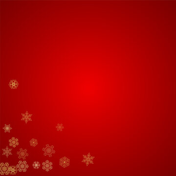 Christmas snowflakes on red background. Glitter frame for seasonal winter banners, gift coupon, voucher, ads, party event. Santa Claus colors with golden Christmas snowflakes. Falling snow for holiday
