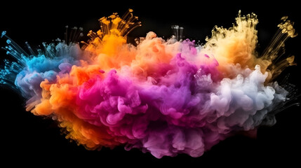 Fototapeta premium Set against a pitch-black canvas, a burst of vibrant aqua and colorful smoke unfurls, creating a mesmerizing dance of vivid colors and intricate patterns that captivate the senses, generative ai