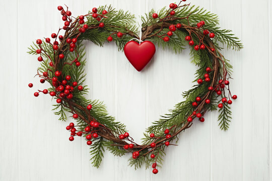 Beautiful cypress Christmas wreath from green twigs red berries in the shape of a heart with ornament on white wood background. Holiday home decoration
