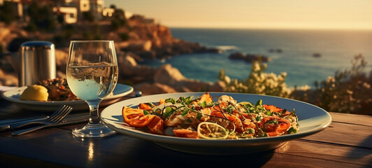 Mediterranean meal at a table overlooking the sea. 