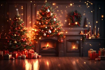 Fototapeta na wymiar interior christmas. magic glowing tree, fireplace, gifts in dark