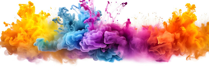 Against a pristine white backdrop, a burst of vibrant aqua and colorful smoke creates a mesmerizing display of vivid hues and ethereal patterns, generative by ai