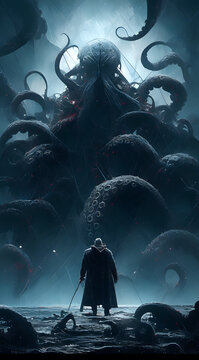 Hyperrealistic horror, tentacled oceanic depths, sculpted in dark and eerie hues.