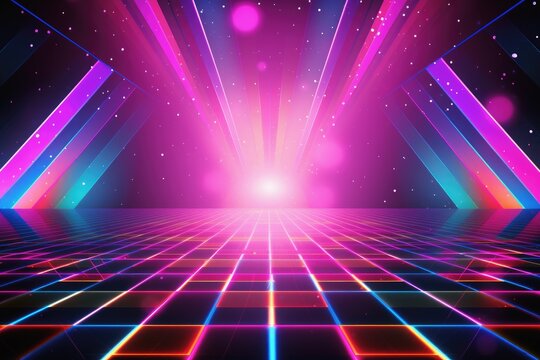 80s disco and neon light background in 3D.