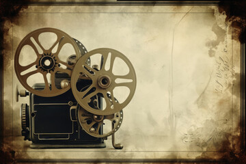 A vintage video background with a video camera and copy space. - obrazy, fototapety, plakaty