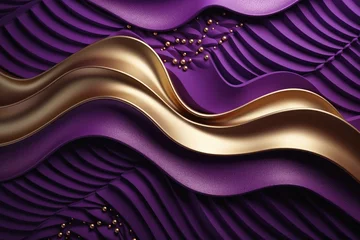 Foto op Canvas A wavy 3D fabric background with gold and purple floral applications. © Michael
