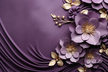 A wavy 3D fabric background with gold and purple floral applications.